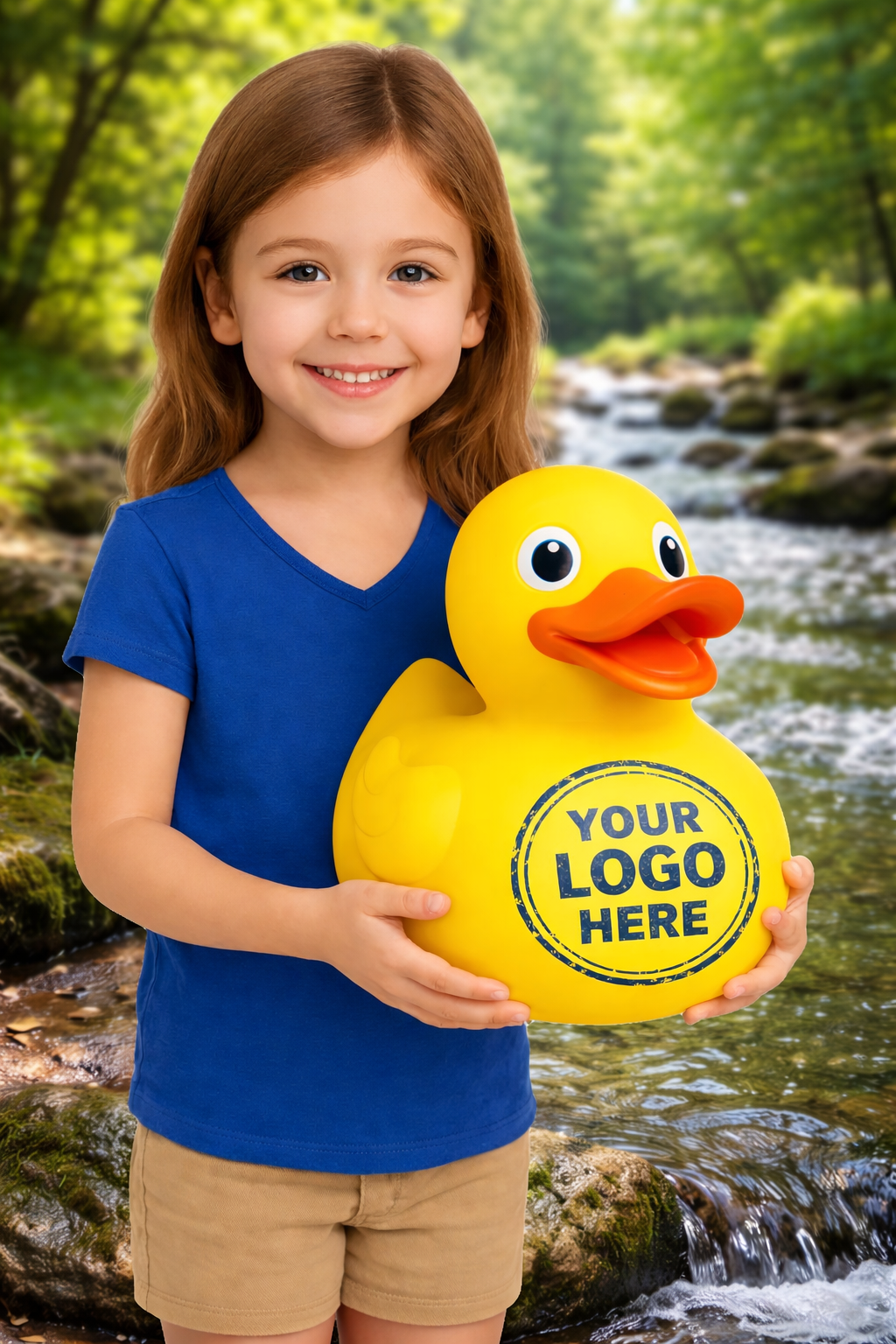 Girl holding oversized rubber duck with YOUR LOGO HERE